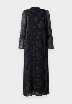 Schwarzes Maxikleid mit langen Ärmeln, Rüschensaum, hohem Kragen und einem blauen und beigen Leopardenmuster.