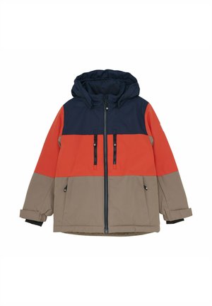 Giacca con cappuccio caratterizzata da un design a blocchi di colore con sezioni blu navy, arancione e beige. Realizzata in un tessuto testurizzato con tasche zip.