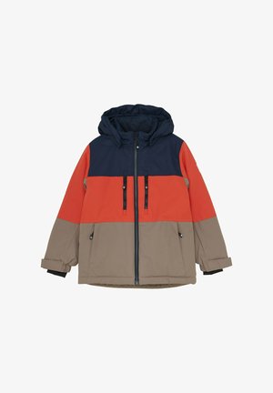 Kapuzenshirt mit Farbblockdesign in Marineblau, Orange und Beige. Hergestellt aus einem strukturierten Stoff mit Reißverschlusstaschen.