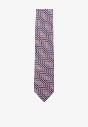 Silk tie featuring a geometric pattern in navy, pink, and white, with a narrow shape and pointed tip. Smooth texture.