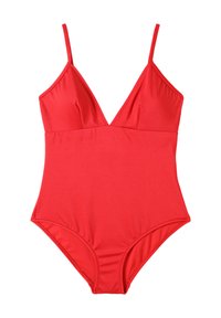 Rød badedragt i ét stykke med tynde justerbare stropper, en dyb V-udskæring og en glat tekstur. Har en klassisk skæring og minimalistisk design.