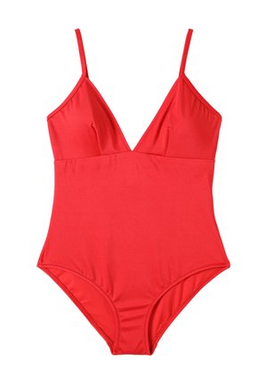 Rød badedragt i ét stykke med tynde justerbare stropper, en dyb V-udskæring og en glat tekstur. Har en klassisk skæring og minimalistisk design.