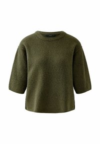 Olivgrüner, kurzärmeliges Wollpullover mit Rundhalsausschnitt und seitlichen Schlitzen. Weicher Stoff und lockere Passform. Etikett am Halsausschnitt.
