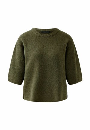 Olivgrüner, kurzärmeliges Wollpullover mit Rundhalsausschnitt und seitlichen Schlitzen. Weicher Stoff und lockere Passform. Etikett am Halsausschnitt.