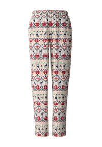 Patroonbroeken met een crèmekleurige basis, versierd met rode bloemen en blauwe rendieren, een elastische tailleband en een taps toelopend design.