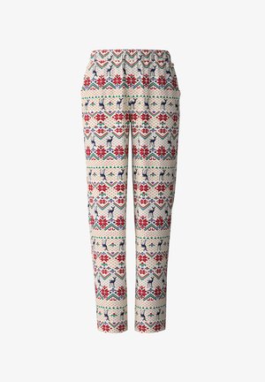 Patroonbroeken met een crèmekleurige basis, versierd met rode bloemen en blauwe rendieren, een elastische tailleband en een taps toelopend design.