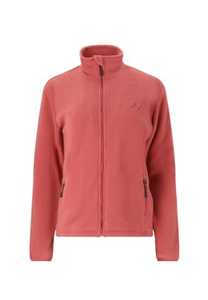 Fleecejakke i koralrød pink med høj krave, fuld frontlynlås, sidelommer med lynlås og en blød tekstur.