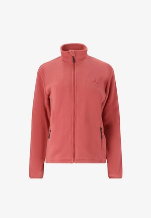 Fleecejakke i koralrød pink med høj krave, fuld frontlynlås, sidelommer med lynlås og en blød tekstur.