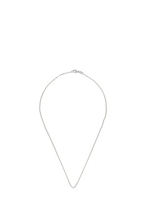 Delicata collana a catena d'argento con una piccola chiusura semplice, mostrata su uno sfondo bianco uniforme.