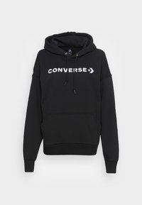 Felpa nera in cotone con tasca a marsupio frontale, cappuccio con cordino e logo "CONVERSE" bianco sulla parte anteriore.