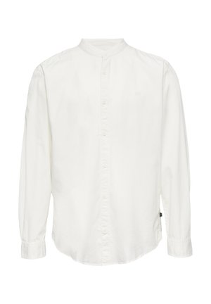 Weißes Langarmhemd mit Bandkragen, durchgehender Knopfleiste und einer weichen, glatten Textur. Verfügt über lange Ärmel und einen entspannten Schnitt.