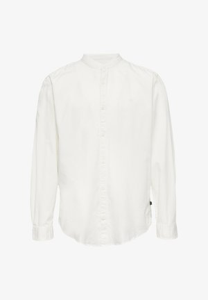 Weißes Langarmhemd mit Bandkragen, durchgehender Knopfleiste und einer weichen, glatten Textur. Verfügt über lange Ärmel und einen entspannten Schnitt.