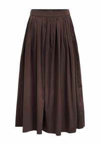 Gonna midi plissettata marrone con vita alta, realizzata in tessuto liscio, caratterizzata da una silhouette ampia e tasche laterali per una maggiore funzionalità.