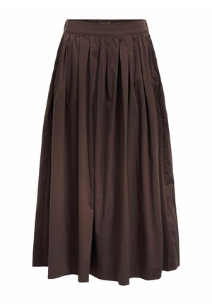 Brown pleated midi skirt with a high waist, made of smooth fabric, featuring a full silhouette and side pockets for added functionality.