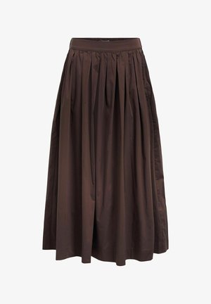 Jupe midi plissée marron avec taille haute, fabriquée en tissu lisse, présentant une silhouette ample et des poches latérales pour plus de fonctionnalité.
