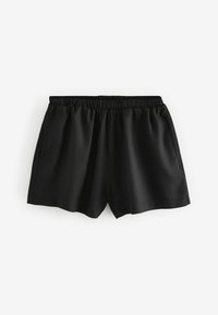Schwarze Shorts aus glattem Material, mit einem elastischen Bund, Seitentaschen und einem lockeren Schnitt mit geradem Saum.