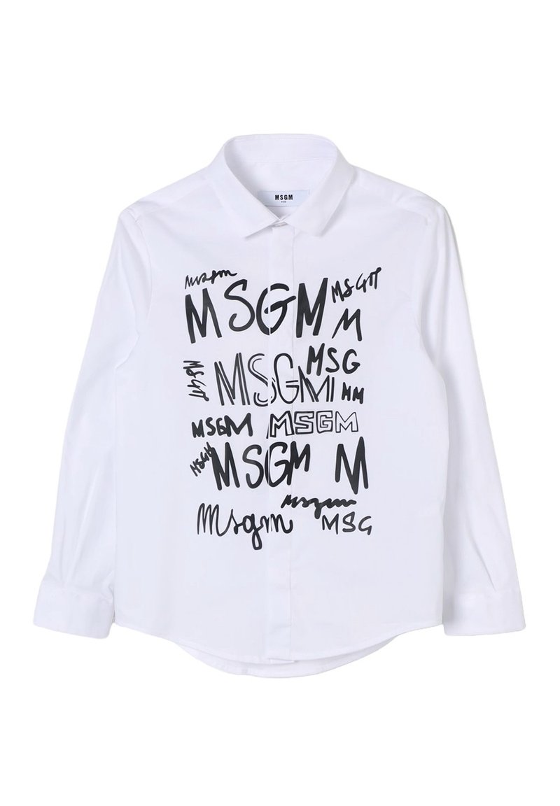 Camicia bianca a maniche lunghe in cotone, con una stampa di testo scritto a mano in nero, 'MSGM', in varie dimensioni e stili distribuito sulla parte anteriore.