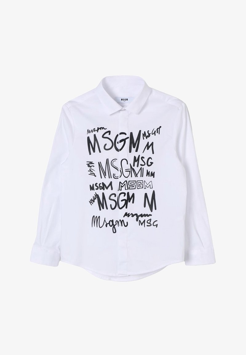 Camicia bianca a maniche lunghe in cotone, con una stampa di testo scritto a mano in nero, 'MSGM', in varie dimensioni e stili distribuito sulla parte anteriore.