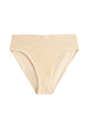 Beigenvärinen, korkeavyötäröinen bikinin alaosa, jossa on teksturoitu, avoin neulottu ulkokerros ja sileä sisävuori.