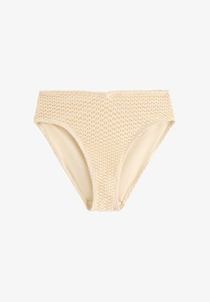 Beigenvärinen, korkeavyötäröinen bikinin alaosa, jossa on teksturoitu, avoin neulottu ulkokerros ja sileä sisävuori.