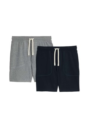 Twee paar casual shorts in grijs en zwart met witte koorden en voorzakken, weergegeven tegen een witte achtergrond.
