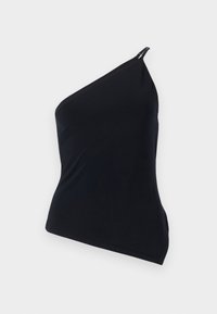 Black one-shoulder top, made of smooth fabric. Features a diagonal cut, asymmetrical design, and a metallic accent at the shoulder.