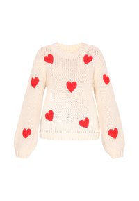 Dicker, gestrickter Cremepullover mit roten Herz-Applikationen, rundem Halsausschnitt und langen Ärmeln mit gerippten Bündchen und Saum.