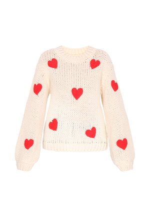 Kremowy dzianinowy sweter z balonowymi rękawami, ozdobiony rozrzuconymi czerwonymi filcowymi aplikacjami w kształcie serc. Prążkowany dekolt i dolny brzeg. Otwarta struktura dzianiny.