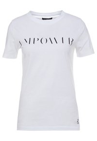 Witte katoenen t-shirt met korte mouwen, voorzien van zwarte tekst "EMPOWER" in een moderne lettertype. Ronde halslijn en minimalistisch ontwerp.