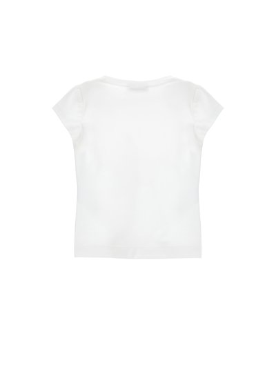 Απλό λευκό κοντομάνικο μπλουζάκι για νήπια, οπίσθια όψη, με στρογγυλή λαιμόκοψη και απλή ραφή.