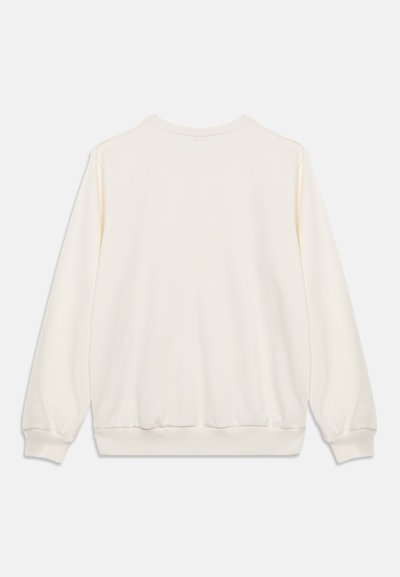 Vue arrière d'un sweat-shirt uni couleur crème à col rond avec manches longues, poignets et ourlet côtelés sur fond blanc.