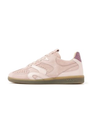Light pink suede sneaker with beige accents, perforated toe, purple speckled heel tab, gum sole, and "VIA VAI" branding on the side.
