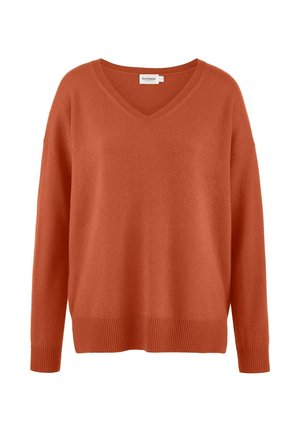 Pull à col en V de couleur rouille, fabriqué en tissu doux. Il présente des poignets et un ourlet côtelés, ainsi qu'une coupe décontractée avec des épaules tombantes.