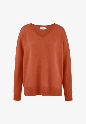 Pull à col en V de couleur rouille, fabriqué en tissu doux. Il présente des poignets et un ourlet côtelés, ainsi qu'une coupe décontractée avec des épaules tombantes.