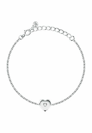 Bracciale a catena in argento con un ciondolo a forma di cuore lucidato, impreziosito da un piccolo diamante centrale, chiuso da una chiusura ad anello a molla con un extender regolabile.