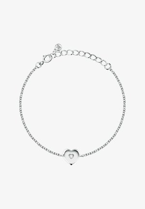 Bracciale a catena in argento con un ciondolo a forma di cuore lucidato, impreziosito da un piccolo diamante centrale, chiuso da una chiusura ad anello a molla con un extender regolabile.