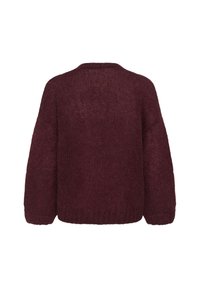 Burgundowy sweter dzianinowy o luźnym kroju, z szerokimi rękawami i prążkowanym wykończeniem. Posiada fakturowany, gruby materiał. Pokazany widok z tyłu.