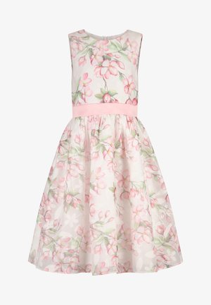 Ærmeløs hvid kjole med lyserødt blomstermønster og lyserødt bælte, med en tætsiddende overdel og et fyldigt, knælangt skørt.