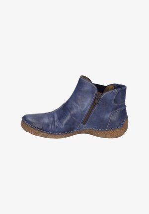 Blue leather ankle boots with a side zipper and a textured brown rubber sole. Features stitching along the edges and a slightly curved toe.