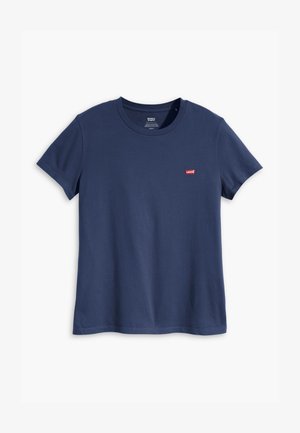 Navy blue t-shirt made of cotton; features a round neckline, short sleeves, and a small red Levi's logo on the chest.