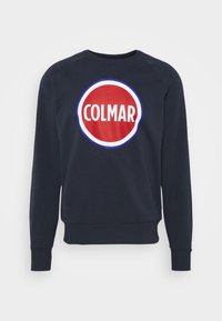 Mörkblå tröja med rund halsringning och ribbade ärmslut och nederkant. Har en cirkulär röd logotyp med "COLMAR" i vit text. Slät tygkänsla.