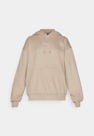 Beige hooded sweatshirt made of soft fabric with a kangaroo pocket, drawstring hood, and simple front logo detailing. Relaxed fit.
