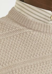 Pull en maille beige avec un motif texturé et un col côtelé, superposé sur une chemise à col avec de fines rayures vertes et beiges.
