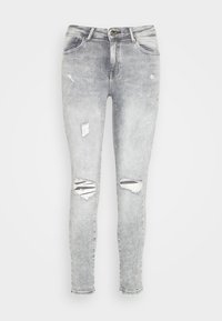 Jeans de denim gris ajustados con detalles de desgaste en las rodillas, efecto desvanecido, diseño de cinco bolsillos y cierre clásico de botón y cremallera.