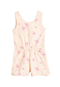 Persikoromper med mönster av rosa flamingos och palmträd, ärmlös design, elastisk midja och mjuk tygtextur.