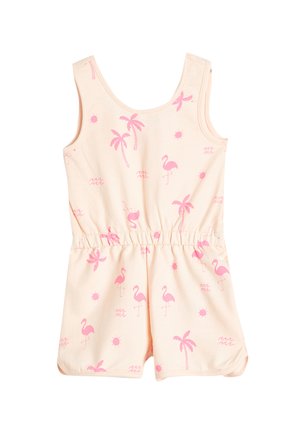 Ferskenfarvet jumpsuit med mønster af lyserøde flamingoer og palmetræer, uden ærmer, med elastisk talje og blød stoftekstur.