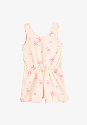 Ferskenfarvet jumpsuit med mønster af lyserøde flamingoer og palmetræer, uden ærmer, med elastisk talje og blød stoftekstur.