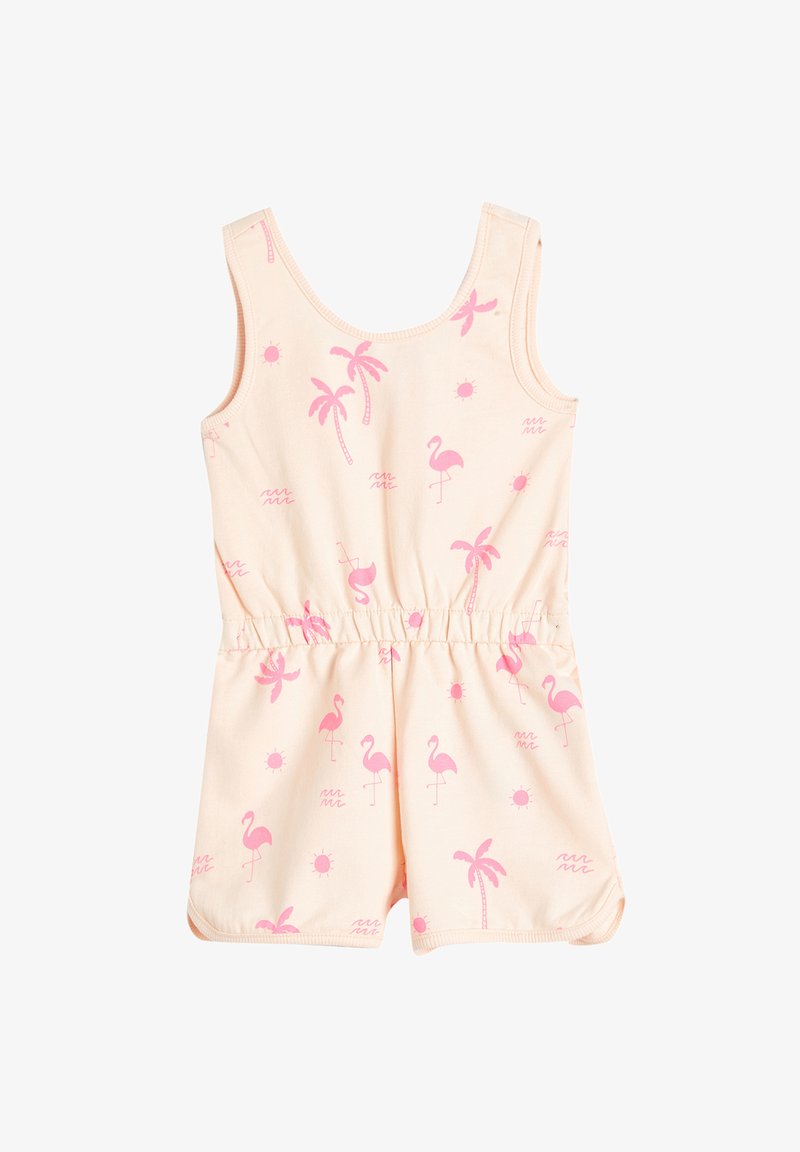 Ferskenfarvet jumpsuit med mønster af lyserøde flamingoer og palmetræer, uden ærmer, med elastisk talje og blød stoftekstur.