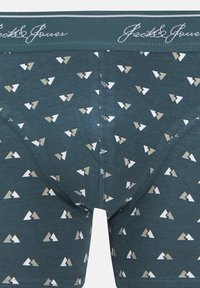 Bomullskalsonger i teal med ett geometriskt bergsmönster i vitt och beige. Har en mjuk elastisk midjeband med varumärkeslogotyp.