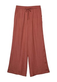 Wijde, rustkleurige broek gemaakt van zachte stof. Heeft een elastische taille met een trekkoord en twee zijzakken.